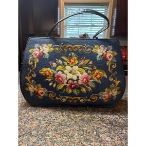 Vintage Needlepoint/Petit Point Floral Tapestry Large Purse Metal Frame